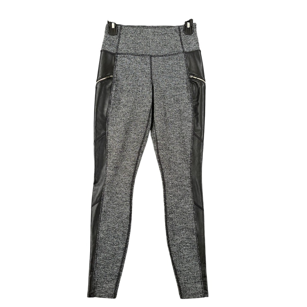 Athleta Herringbone Moto Leggings Womens XS Gray Faux Leather Zip Pockets